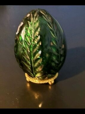 Faberge Emerald Green Glass Egg with Gold Leaf Stand